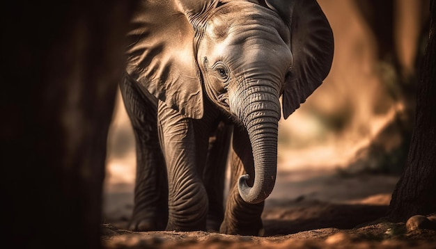 Африканский слоненок стоит в спокойной природе и смотрит в камеру, созданную искусственным интеллектом