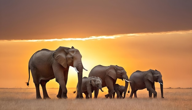 African Elephant Family of Five at Sunset