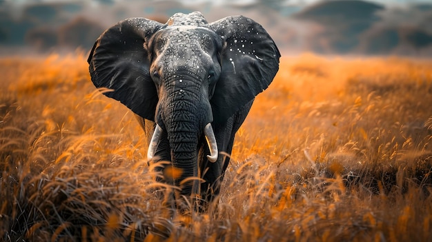 夕暮れ の 金色 の 草 の 中 に いる アフリカ の ゾウ
