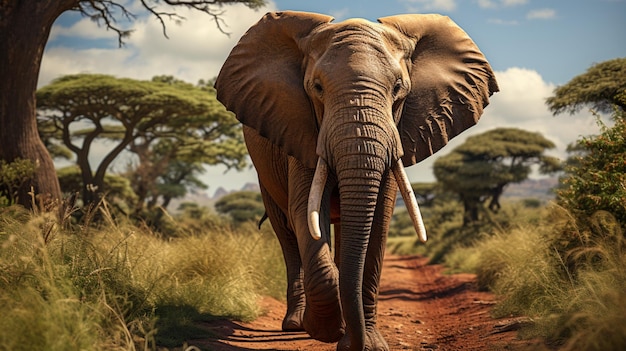 African elephant on a gravel pathway surrounded by green grass and trees