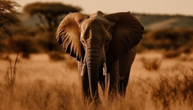 AI가 생성한 고요한 사바나에서 방목하는 아프리카 코끼리 떼