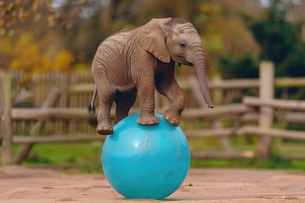 Photo african elephant loxodonta africana balancing on a blue ball