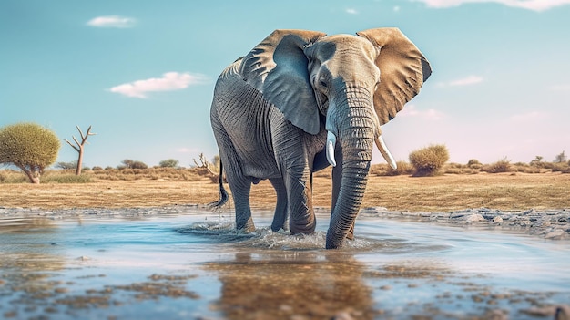 African Elephant wading through the shallow waters Generative AI
