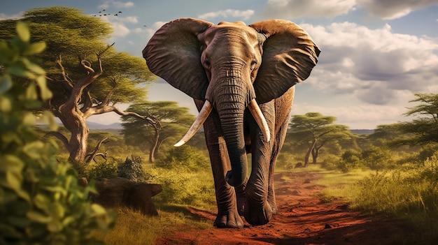 Африканский слон прогуливается по саване, великолепный вид, дикий день.