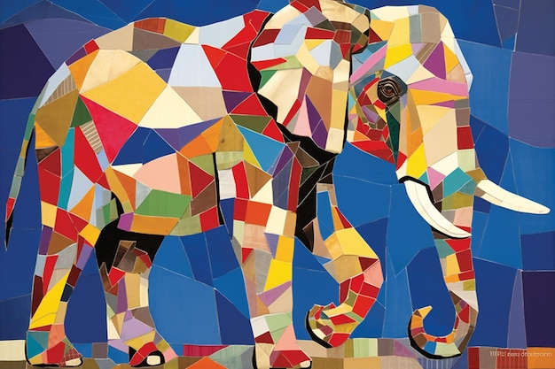 African elephant with colorful mosaic on blue background