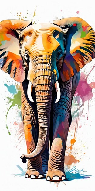 African elephant with colorful splashes on white background Digital art painting