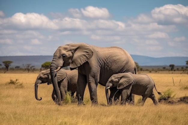 サバンナ公園を歩くアフリカゾウの家族 野生動物の生息地 生成 AI