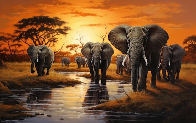 African Elephants at the Watering Hole. Generative AI