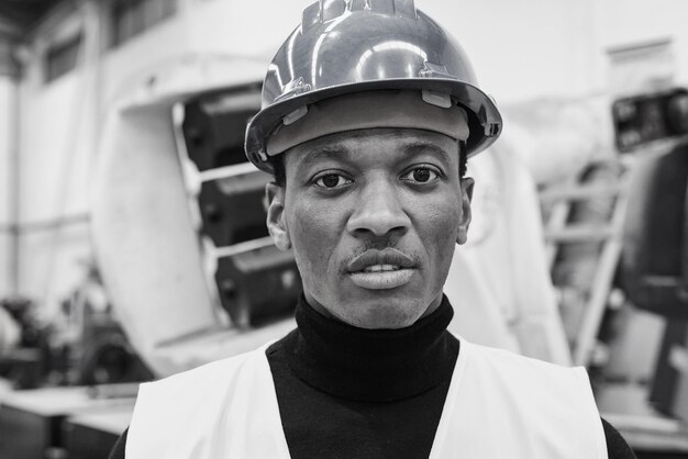 African engineer man looking on camera inside robotic\
factory