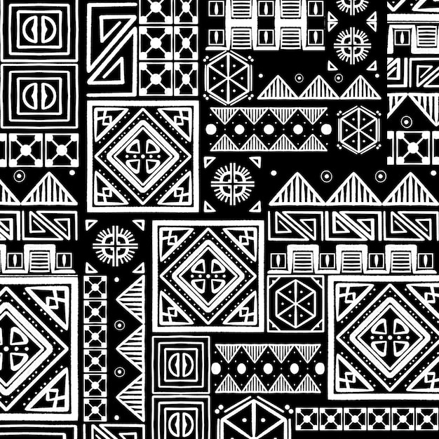 Африканский этнический рисунок ткани демонстрирует потрясающий контраст черных и белых тонов