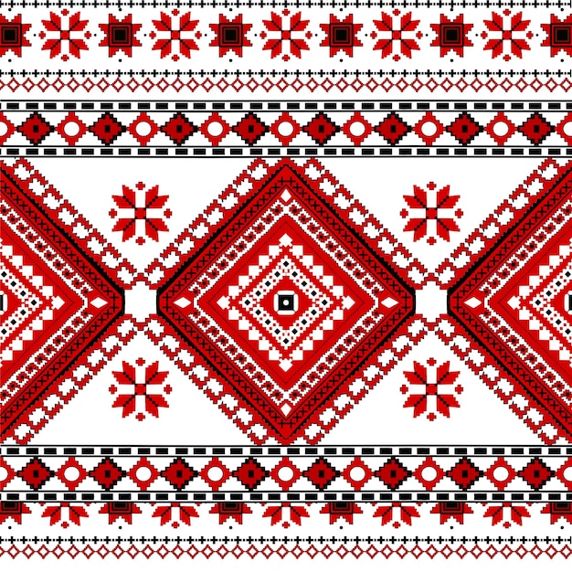 African ethnic fabric pattern showcases a vibrant red tone in a traditional ikat style by geometric