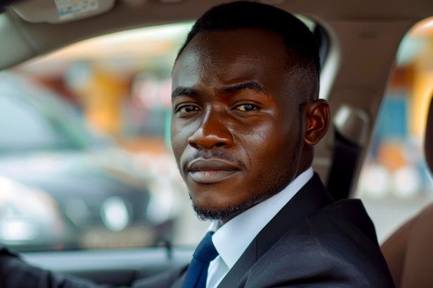 African executive in formal attire posing confidently behind the wheel of his luxury car