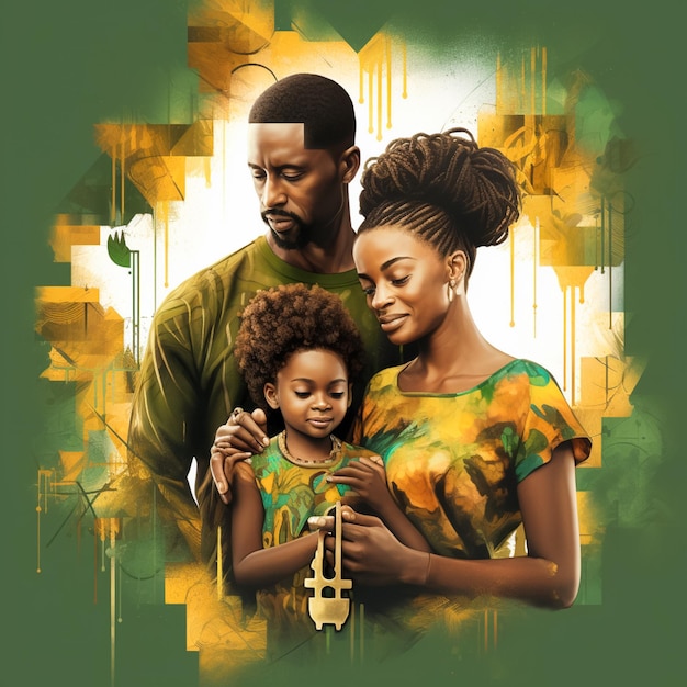 머리카락이 은 아빠와 함께 아프리카 가족, 밝은 팔에 엄마와 아기, 아리얼 회색 배경의 핵심 개념