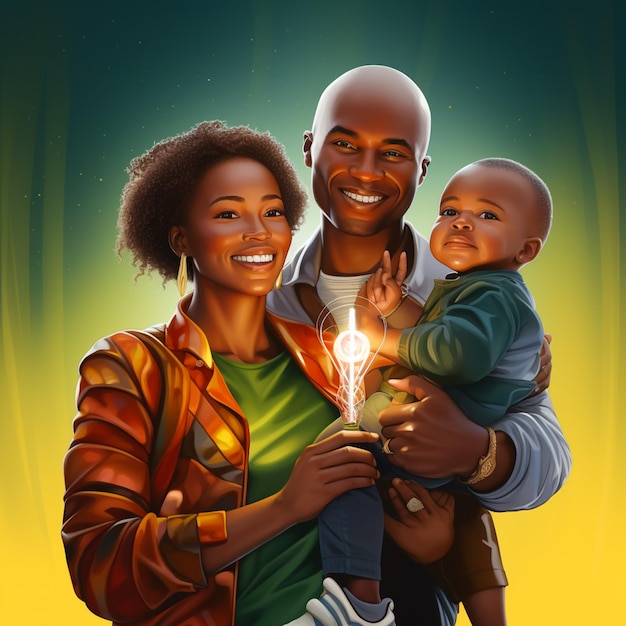 african family with bald dad mom and baby in bright arms with key concept on arial gray background