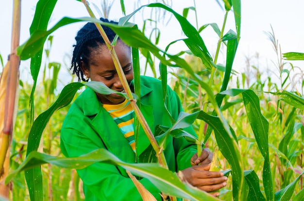 African in the farm checking her crops