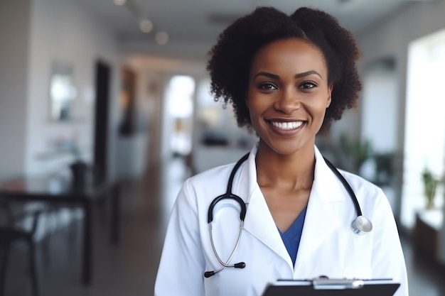 クリップボードと笑顔の白い医療コートを着たアフリカの女性医師