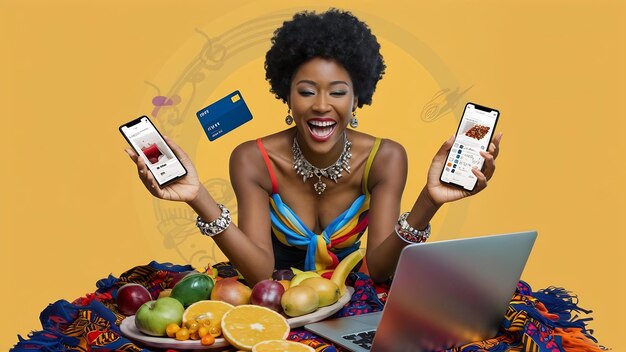 아프리카 여성이 신용카를 들고 노트북과 스마트폰을 사용하여 온라인에서 행복하게 쇼핑하고 있습니다.