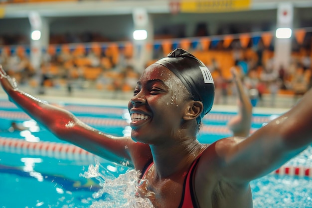 Foto una nuotatrice africana celebra la vittoria di una gara in una competizione con la faccia rivolta alla telecamera in una piscina