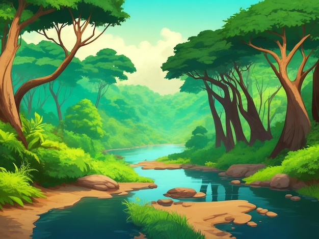 African forest landscape background with a hiking track and many trees a river