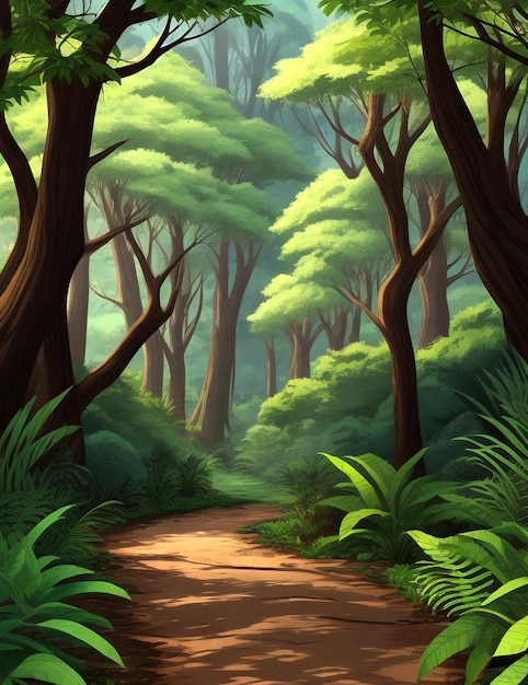 African forest landscape background with a hiking track and many trees