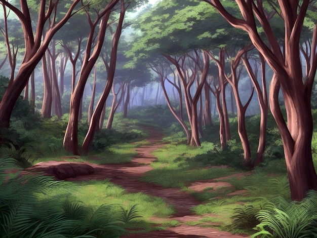 African forest landscape background with a hiking track and many trees