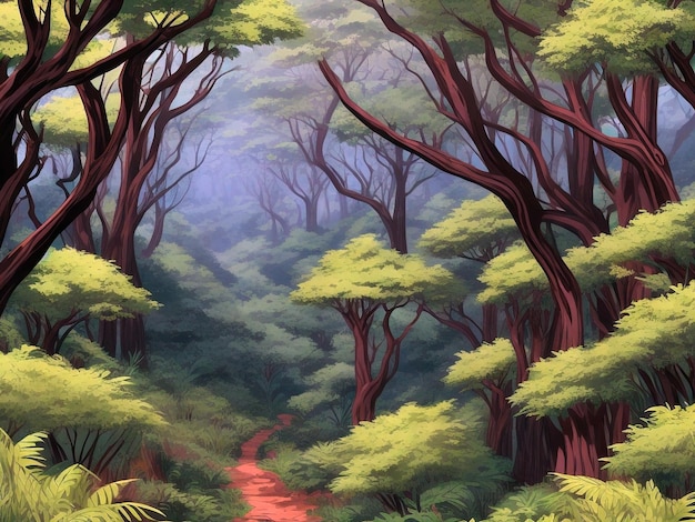 Африканский лесный ландшафт с пешеходной дорожкой и множеством деревьев