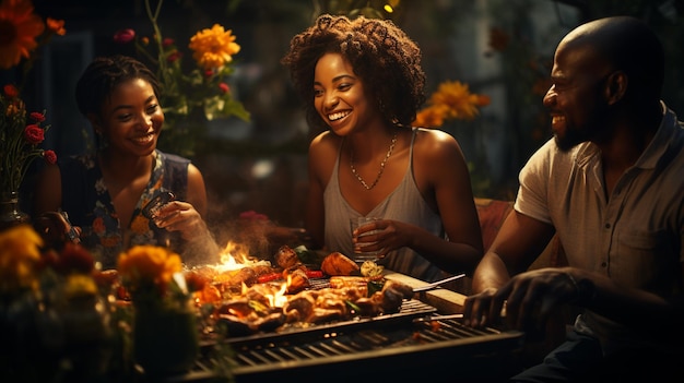 Photo african friends having a grill in the garden