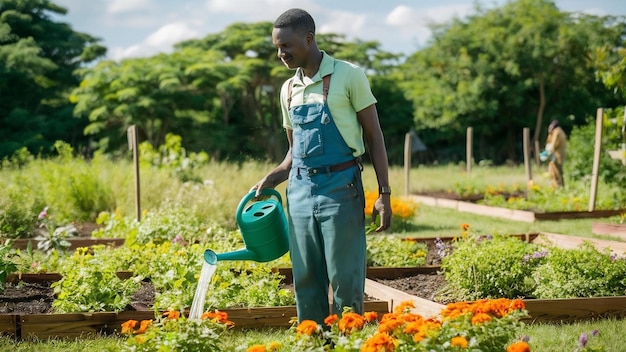 African gardener guy gardener with a watering can flower beds