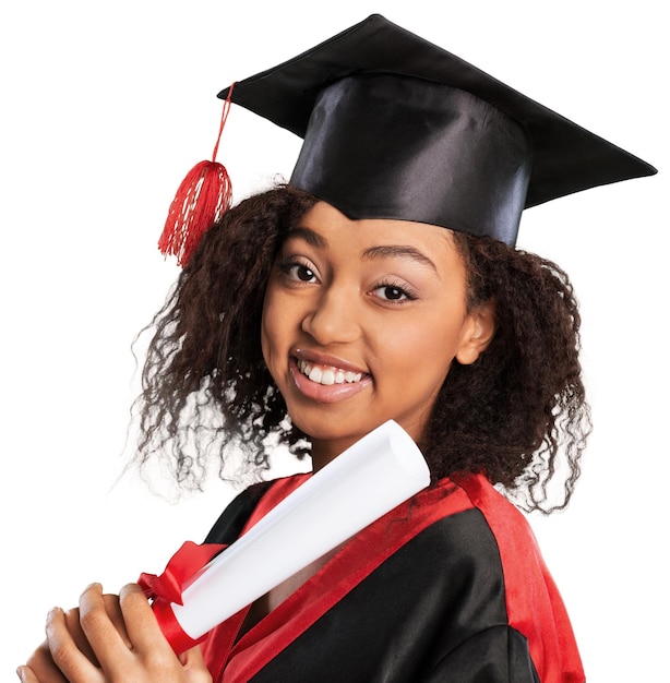 Африканская девушка-выпускник, изолированные на белом фоне