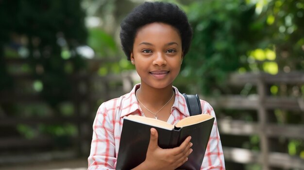 Photo african girl holding a books for studying while standing oudoors