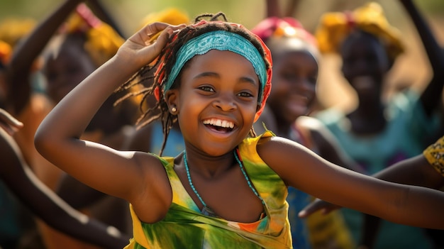 通りで踊る民族衣装を着たアフリカの女の子