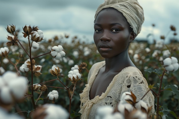 An African girl picks cotton in a field in summer