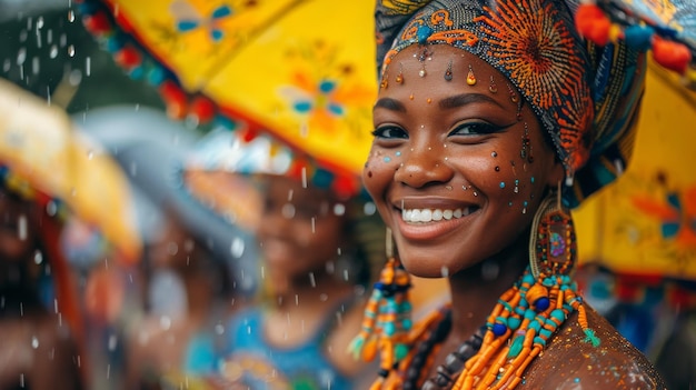 African girl in the rain at a festival Africa blacks Brazil sincere joy smiles dancing