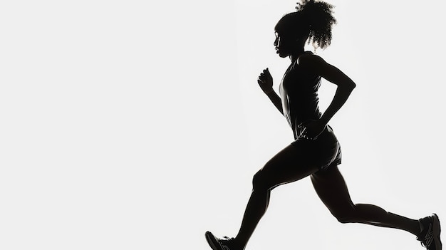 Foto una ragazza africana corre in silhouette su uno sfondo bianco movimento dinamico vista laterale