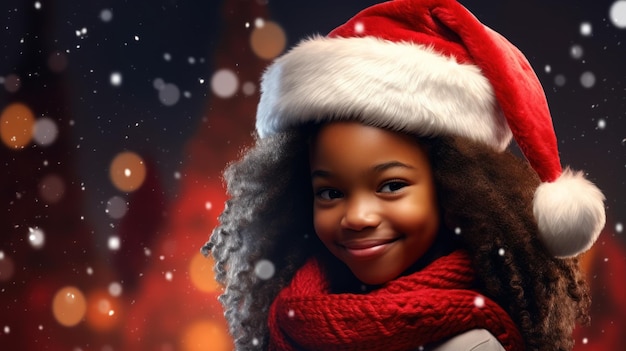 African Girl Smiling in Santa Claus Red Hat on Christmas Background Design AI Generated