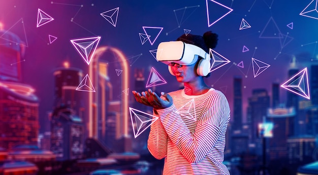 African girl wearing vr glasses and casual cloth while standing ingenuity