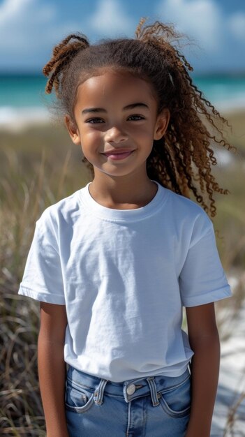 海の砂浜の背景に白いTシャツとジーンズを着たアフリカの女の子