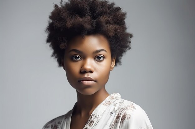 African girl with curly black hair Studio portrait Gray background