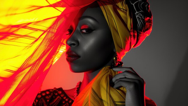 Африканская девушка с платком и желтым и красным рисунком концепция динамичной и современной эстетики