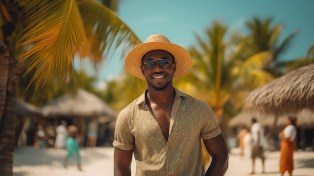 Photo african guy wearing sunglasses and hat on the beach on a summer day