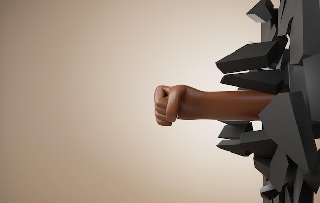 african hand breaks wall with fist breaking barriers of racial inequality unfair discrimination. 3d render illustration.