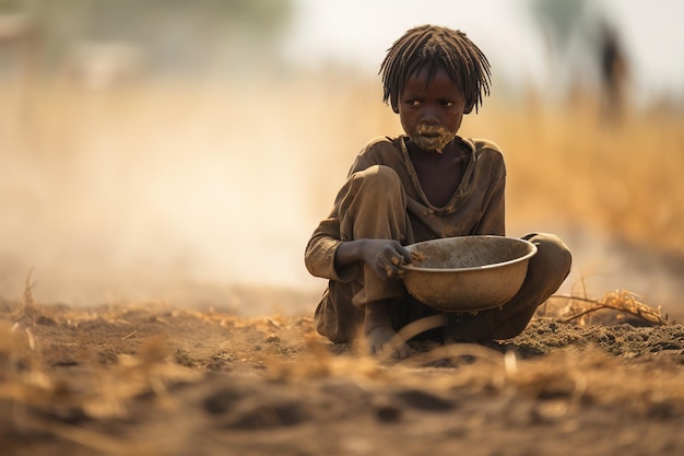 写真 アフリカの空腹の少年が地面に座って 生成人工知能を食べる