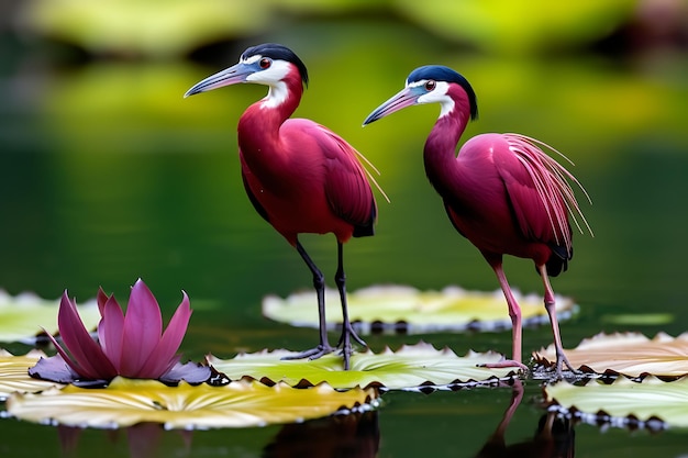 Foto uccelli jacana africani che camminano su fiori di giglio