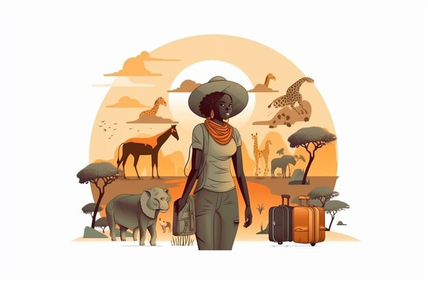 Photo african journey woman traveler conceptual illustration white background banner generative ai