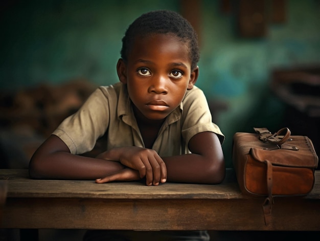 African kid in emotional dynamic pose in school