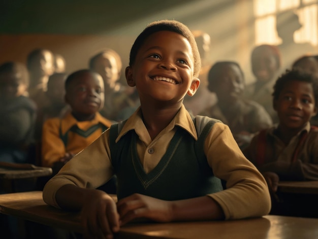 Африканский ребенок в эмоциональной динамической позе в школе