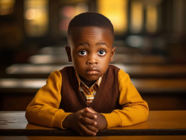 African kid in emotional dynamic pose in school