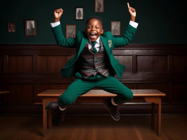 African kid in emotional dynamic pose in school