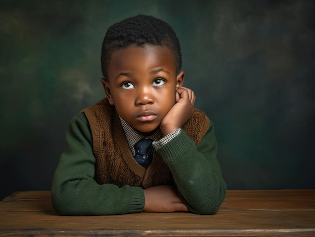 African kid in emotional dynamic pose in school