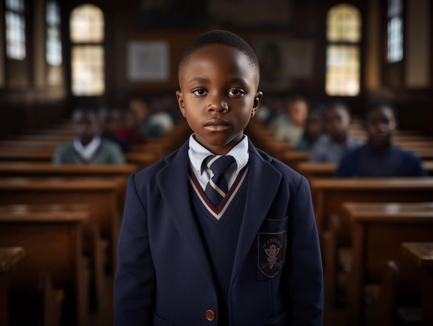 学校で感情的なダイナミックなポーズをとるアフリカの子供